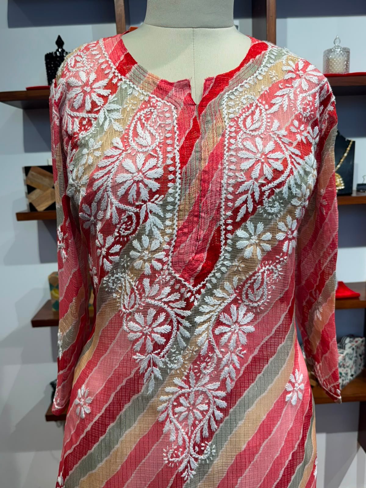 kota doria  long kurti full sleeves in lucknowi Pattern