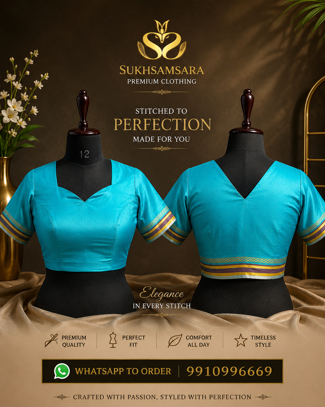 Premium Hand Stitched Sky Blue Blouse