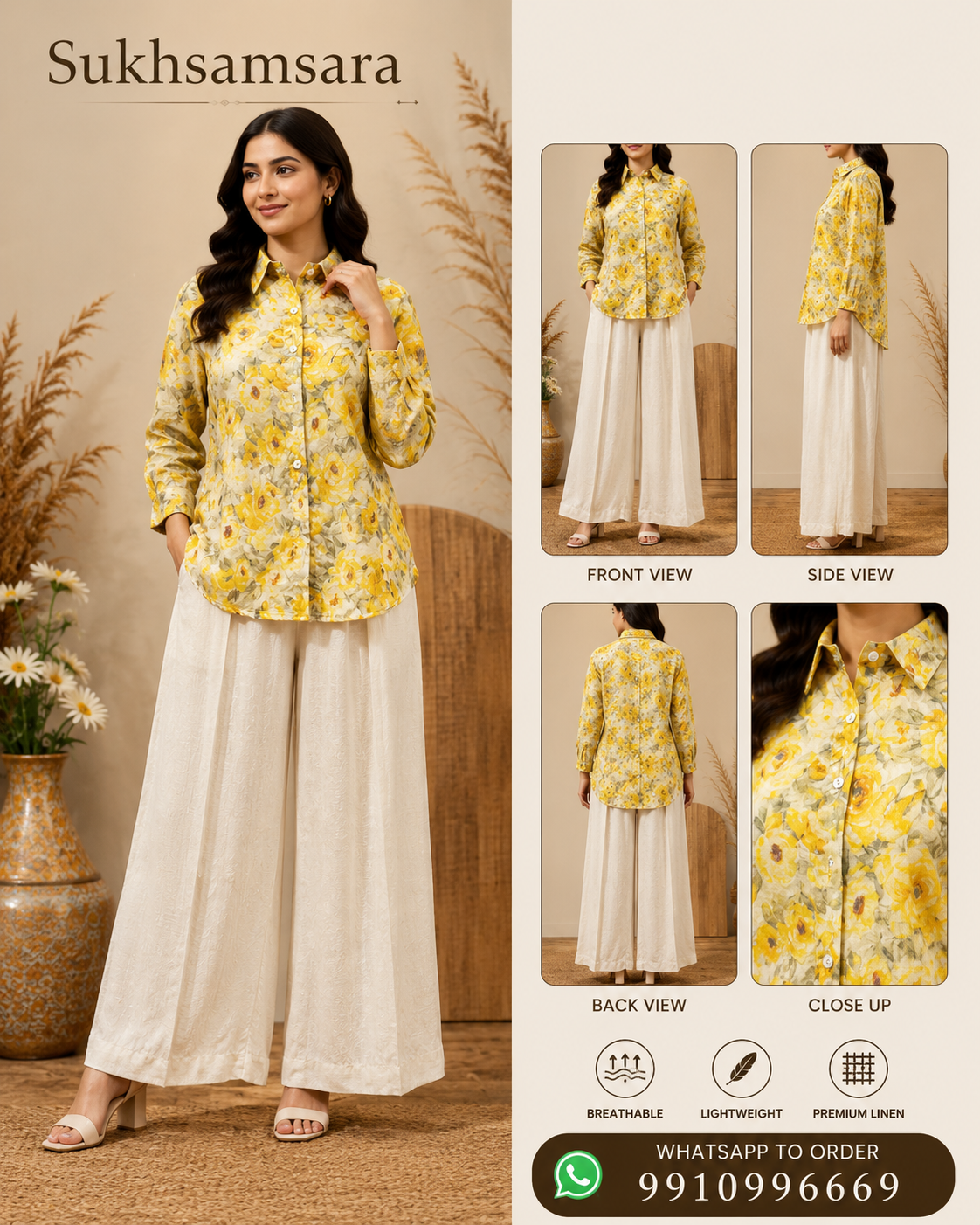 Premium Yellow Floral Linen Cord Sets