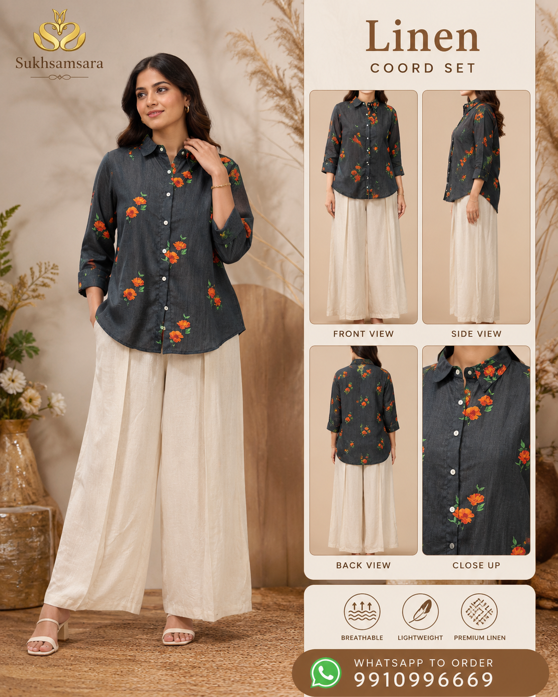Premium Floral Linen Black Cord Sets