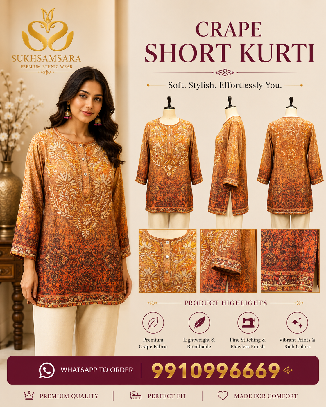 Gradient Brown Crape Short Kurti