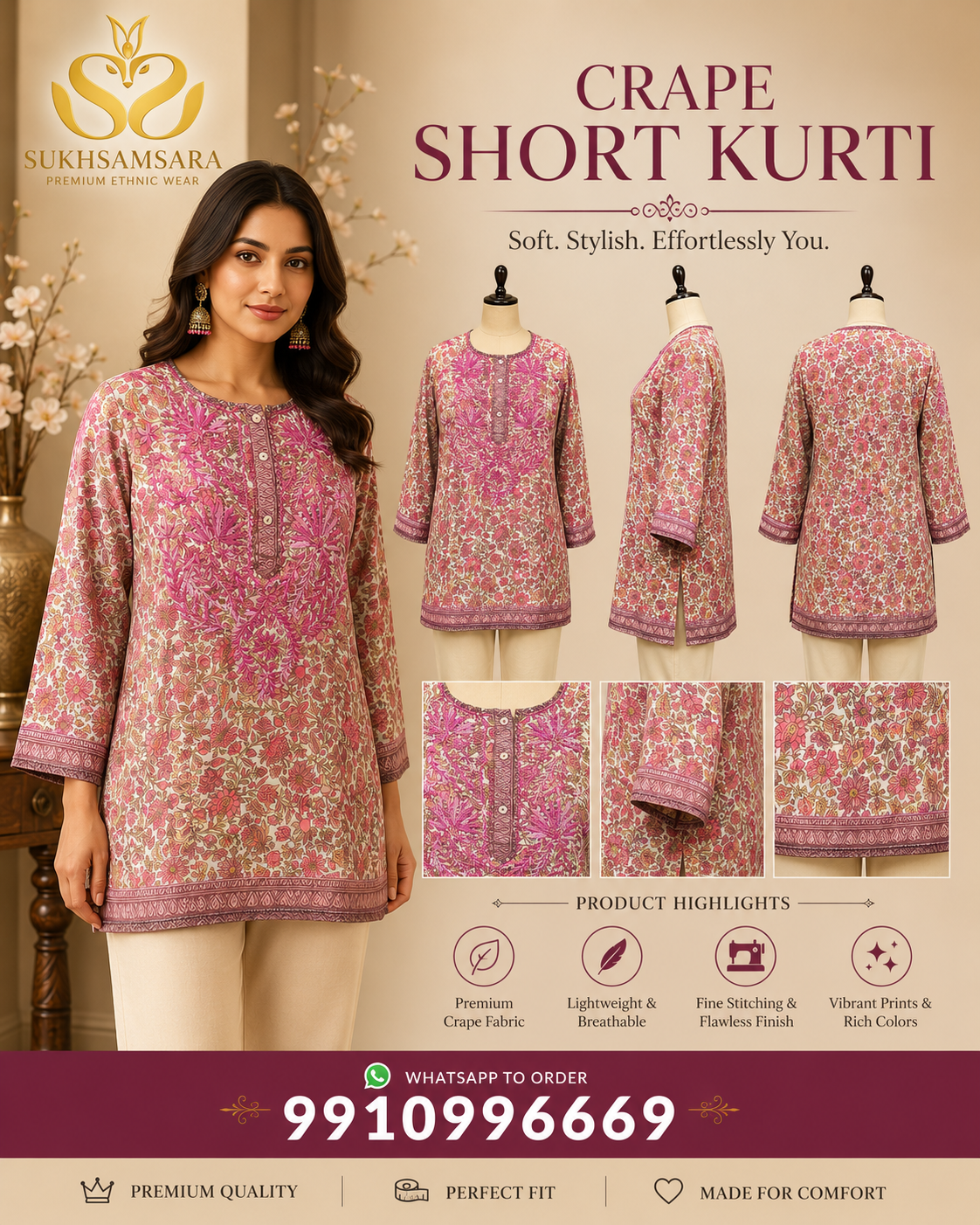 Pink Floral Crape Short Kurti