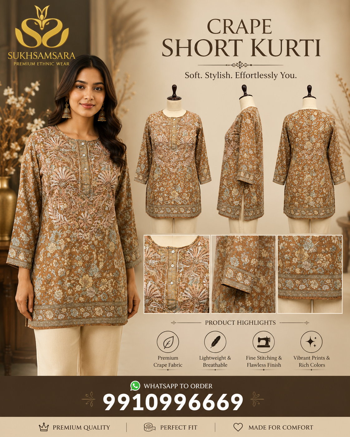 Brown Crepe Short Kurti
