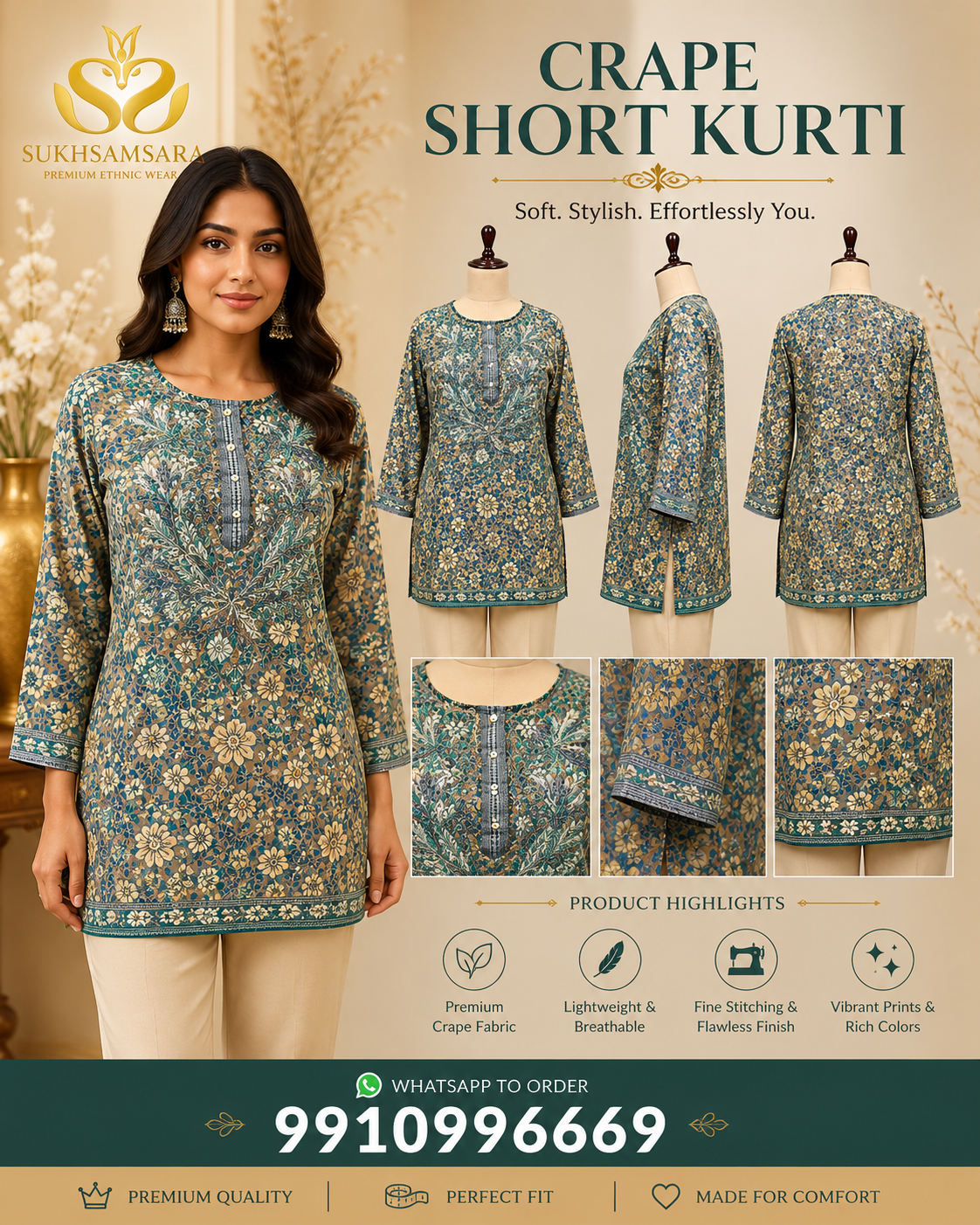 Green Crape Short Kurti