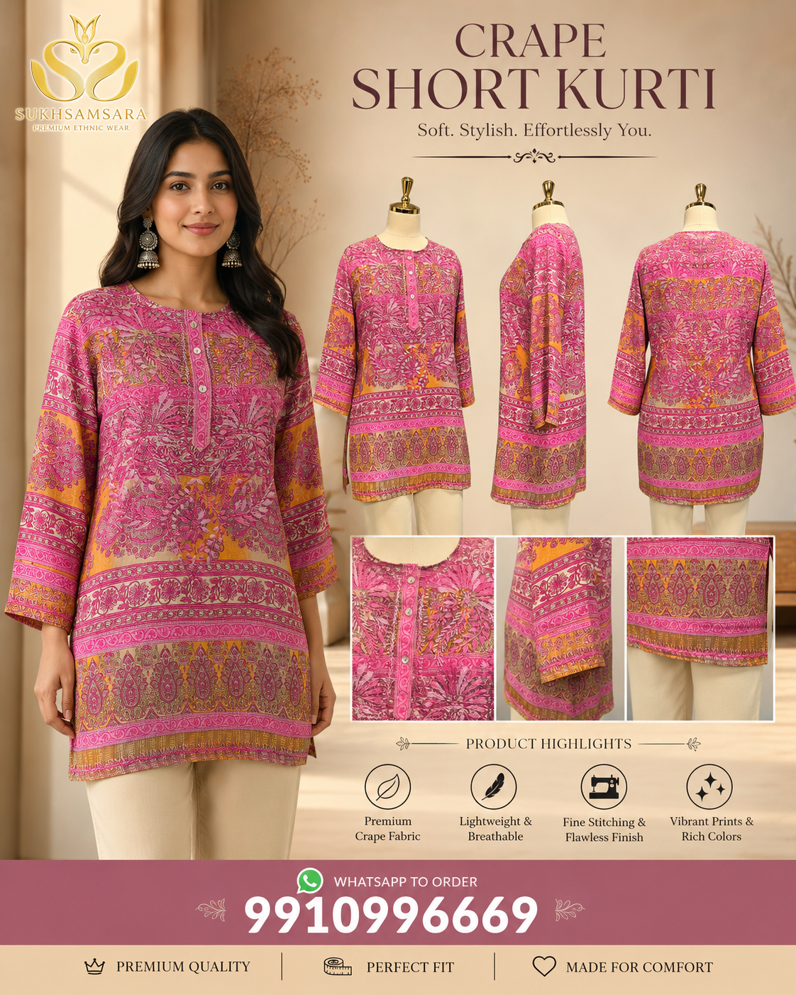 Pink Crepe Short Kurti