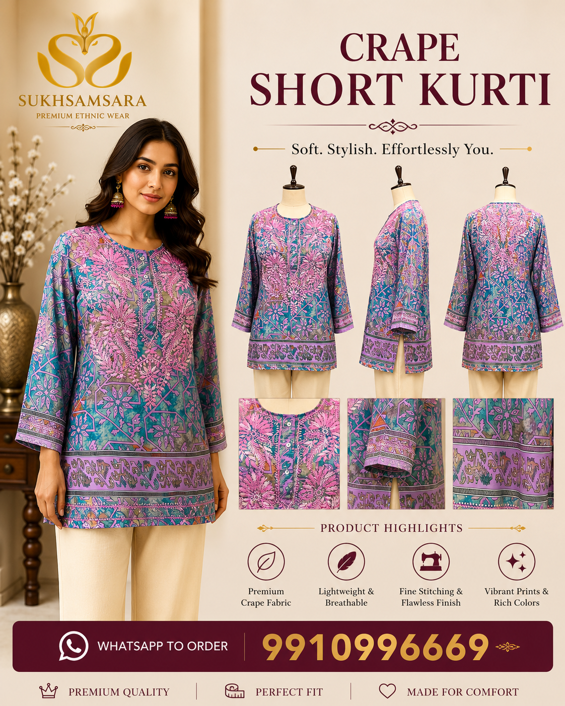 Blue & Pink Floral Crepe Short Kurti