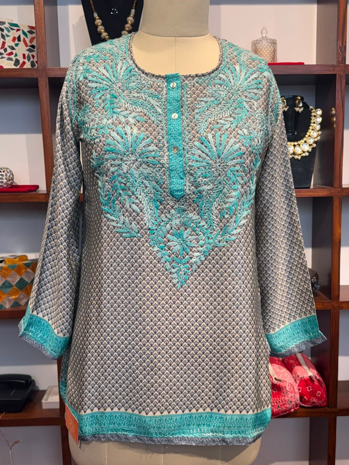 Light Green Embroidered Crape Short Kurti