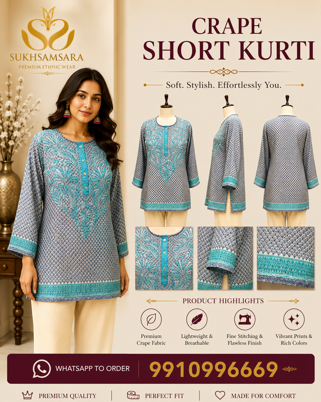 Light Green Embroidered Crape Short Kurti