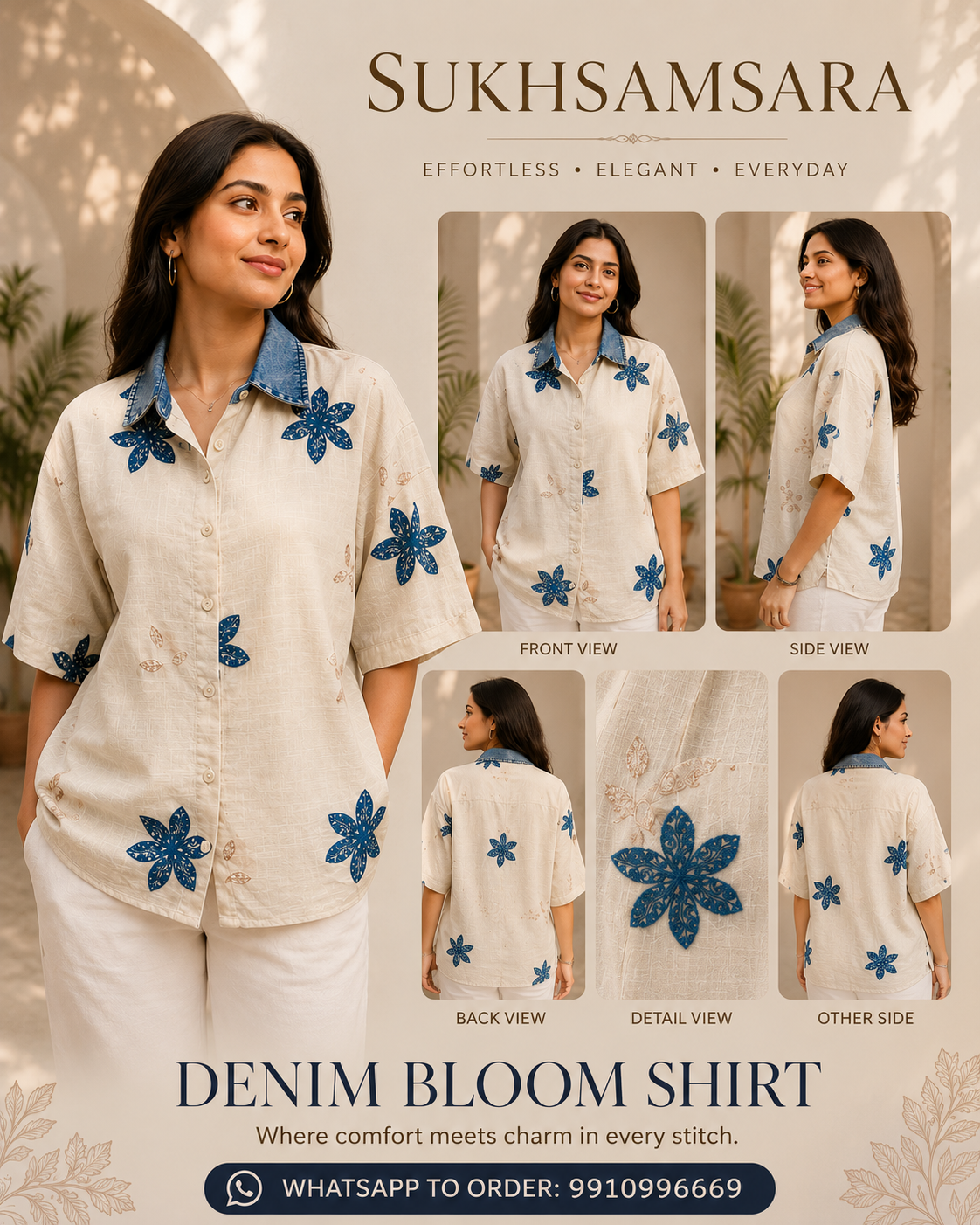 Off White With Blue Flower Printed Denim Shirt
