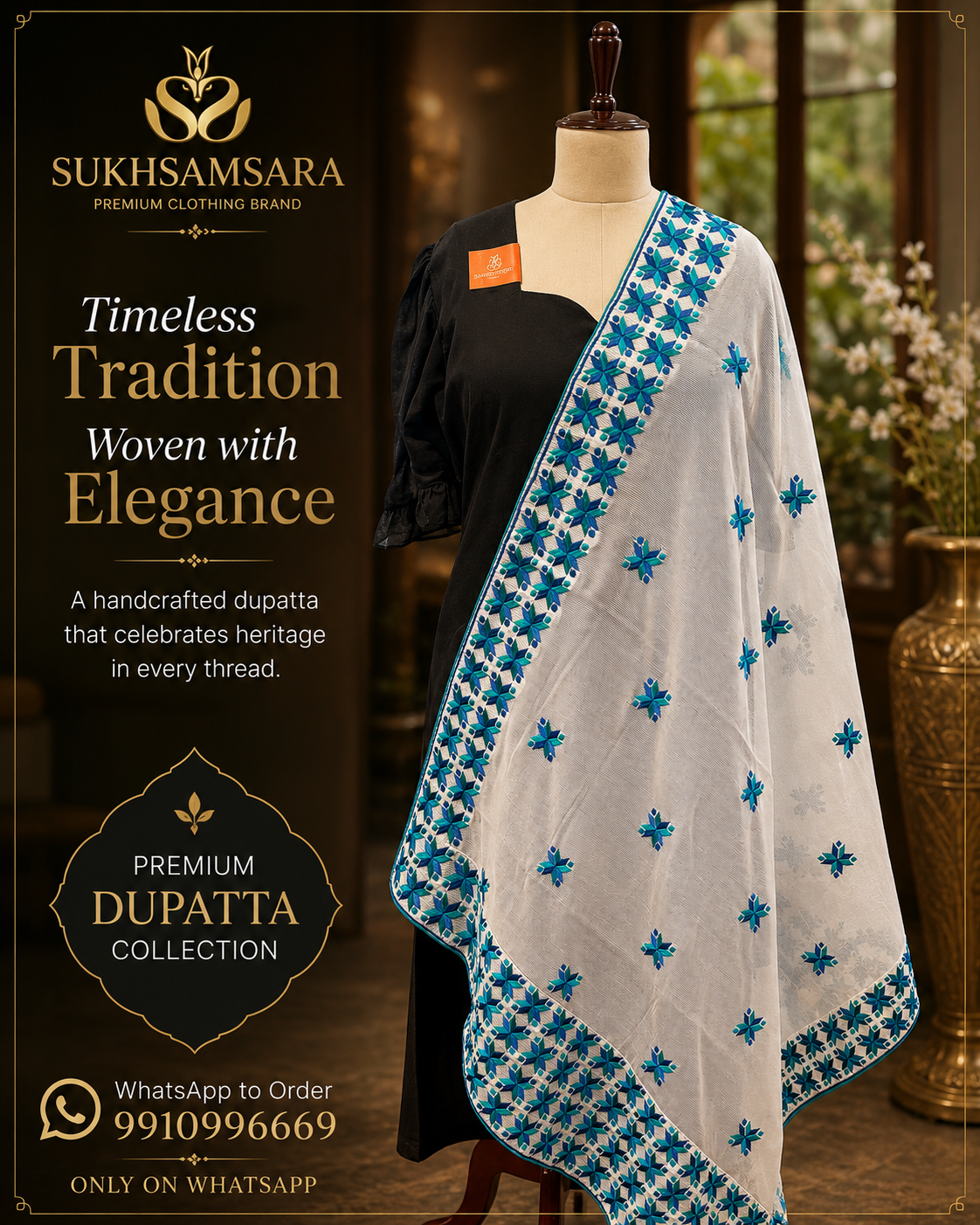 Abstract Embroidered Bordered Trending Blue Colored Dupatta