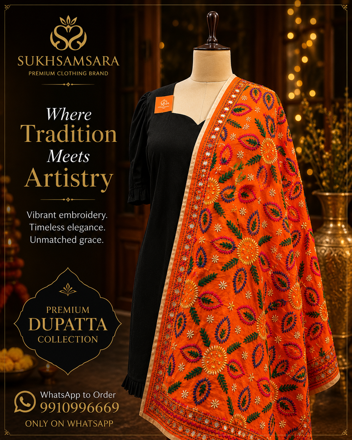 Premium Embroidered Orange Dupatta