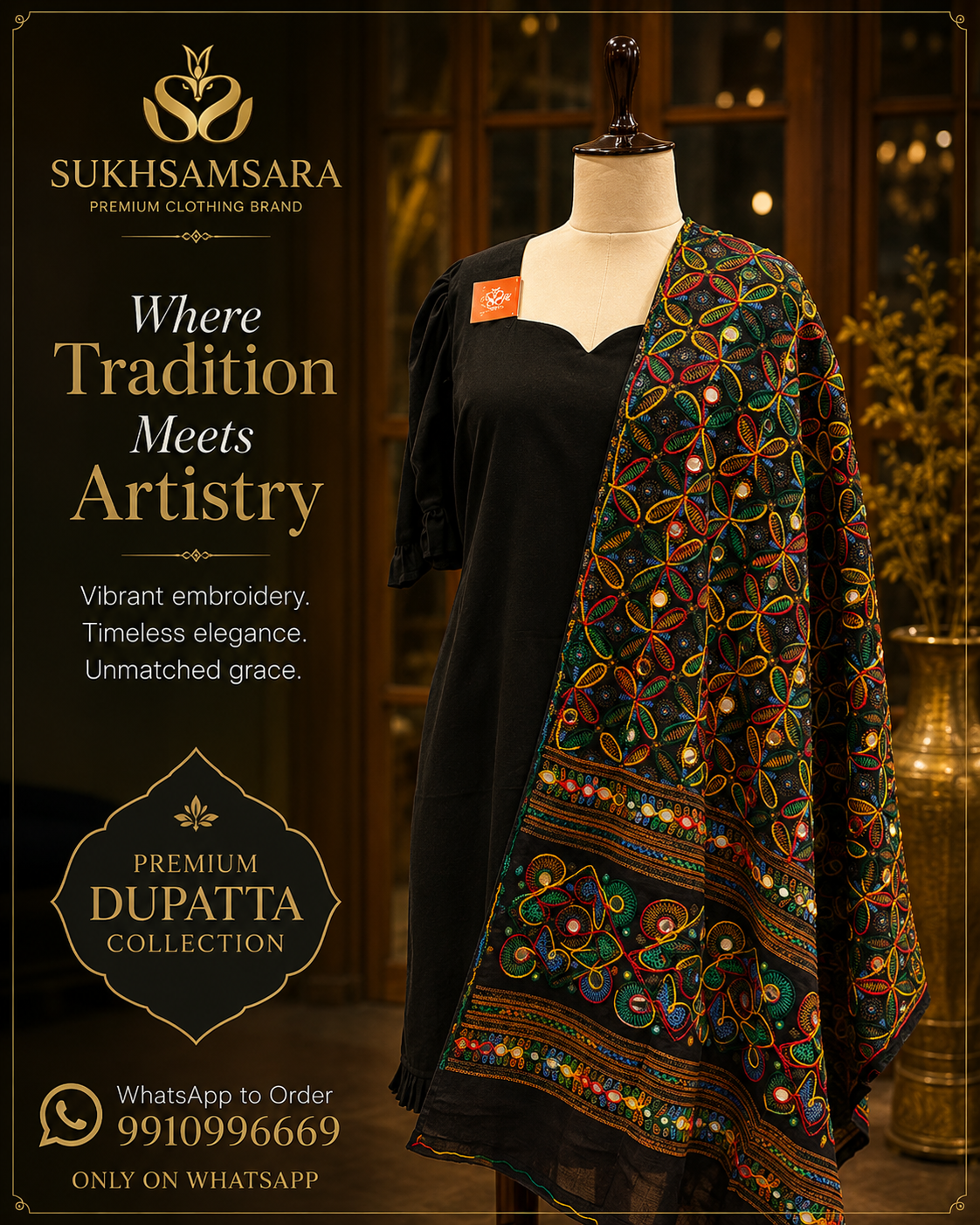 Black With Multi Colored Thread Embroidered Dupatta