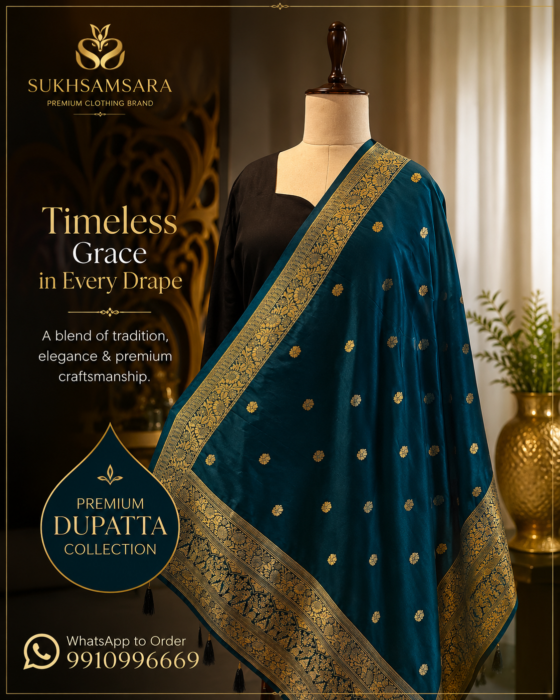 Golden Bordered Blue Colored Premium Dupatta