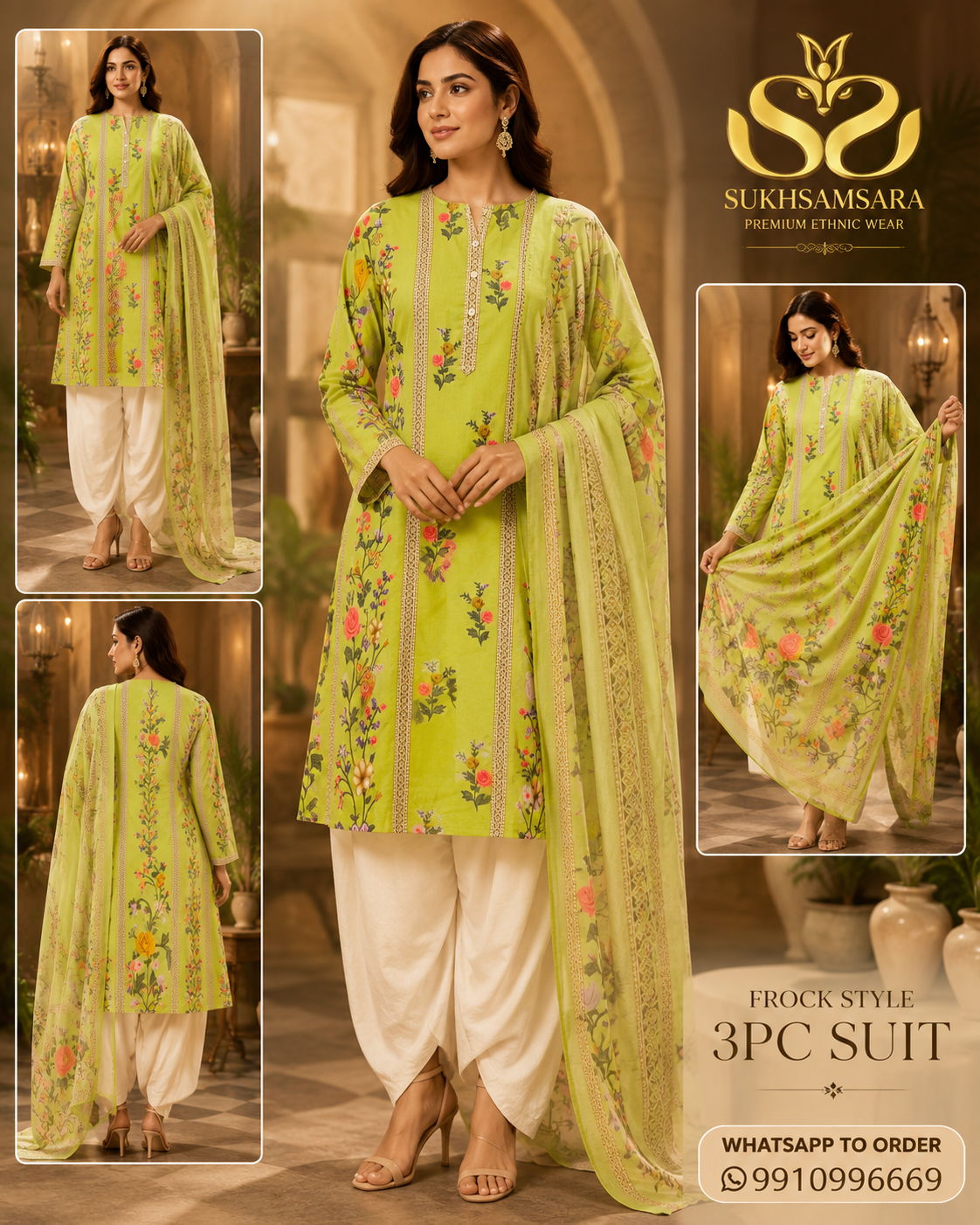 Ethnic Style Green Floral Printed Frock Style 3PC Suit