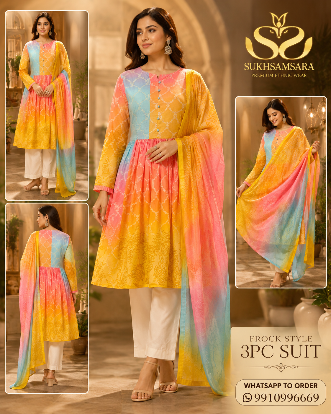 Ethnic style multicolor  abstract printed frock style 3pc suit