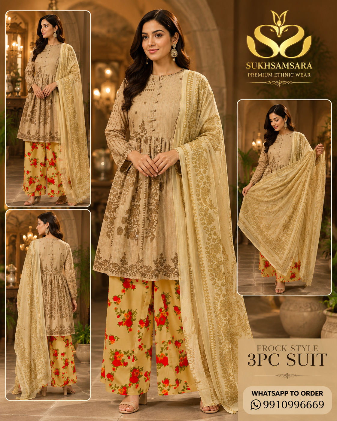 Ethnic Style Brown Color Printed Frock Style 3PC Suit