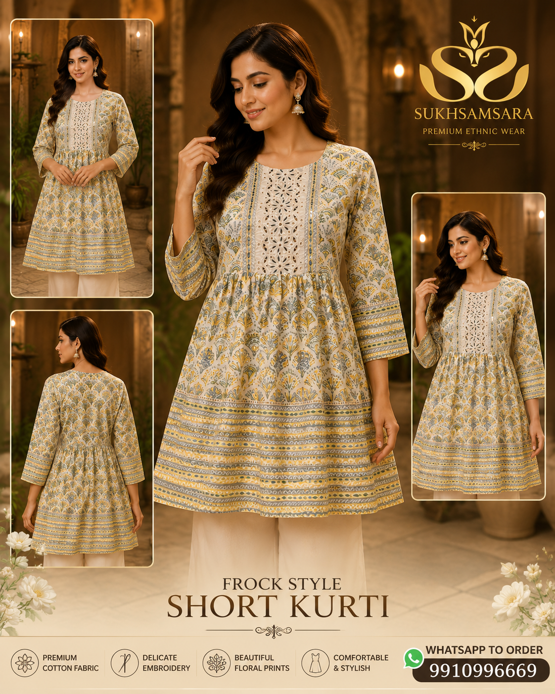 Beige Colored Printed Frock Style Short Kurti