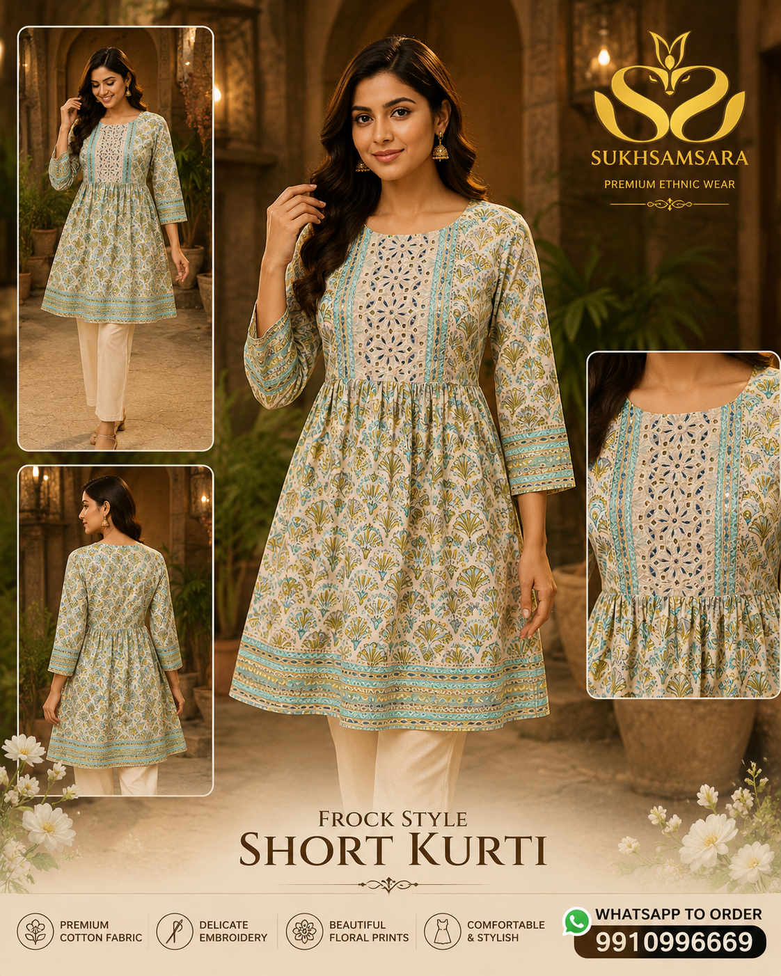 Green Colored Printed Frock Style Short Kurti