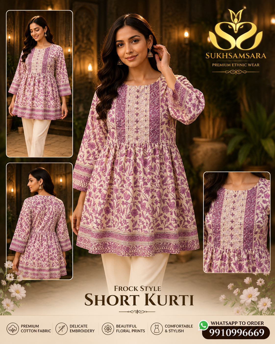 Purple Colored Printed Frock Style Short Kurti