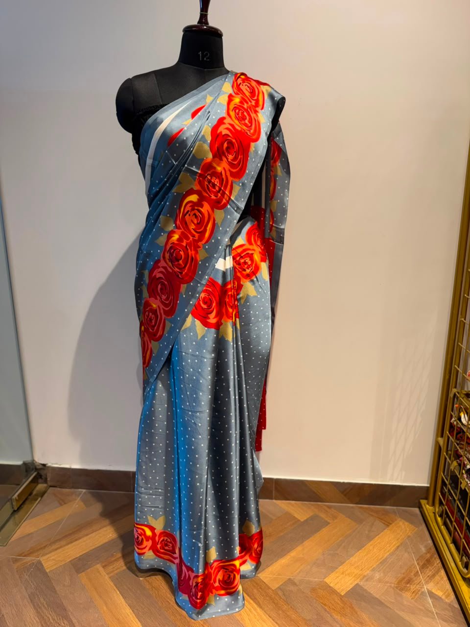 Gray Saree with Rose Printed Bordered Crepe Saree