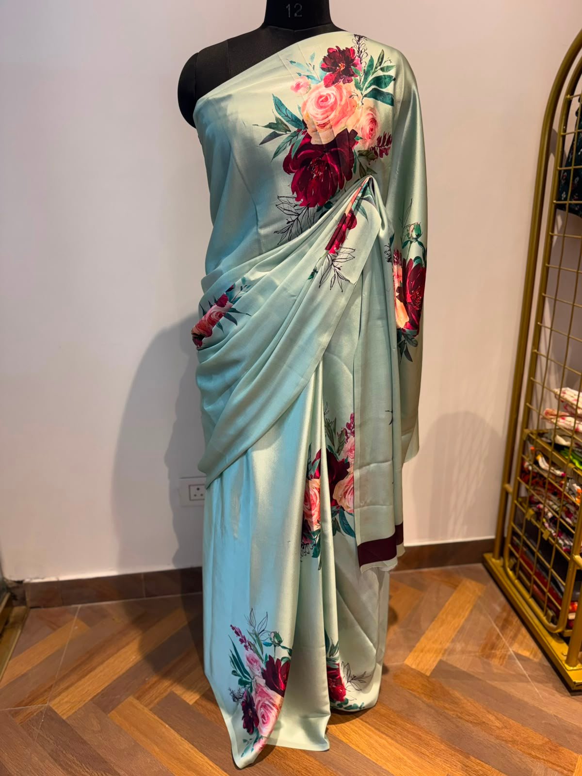 Green Red Rose Printed Bordered Crepe Saree