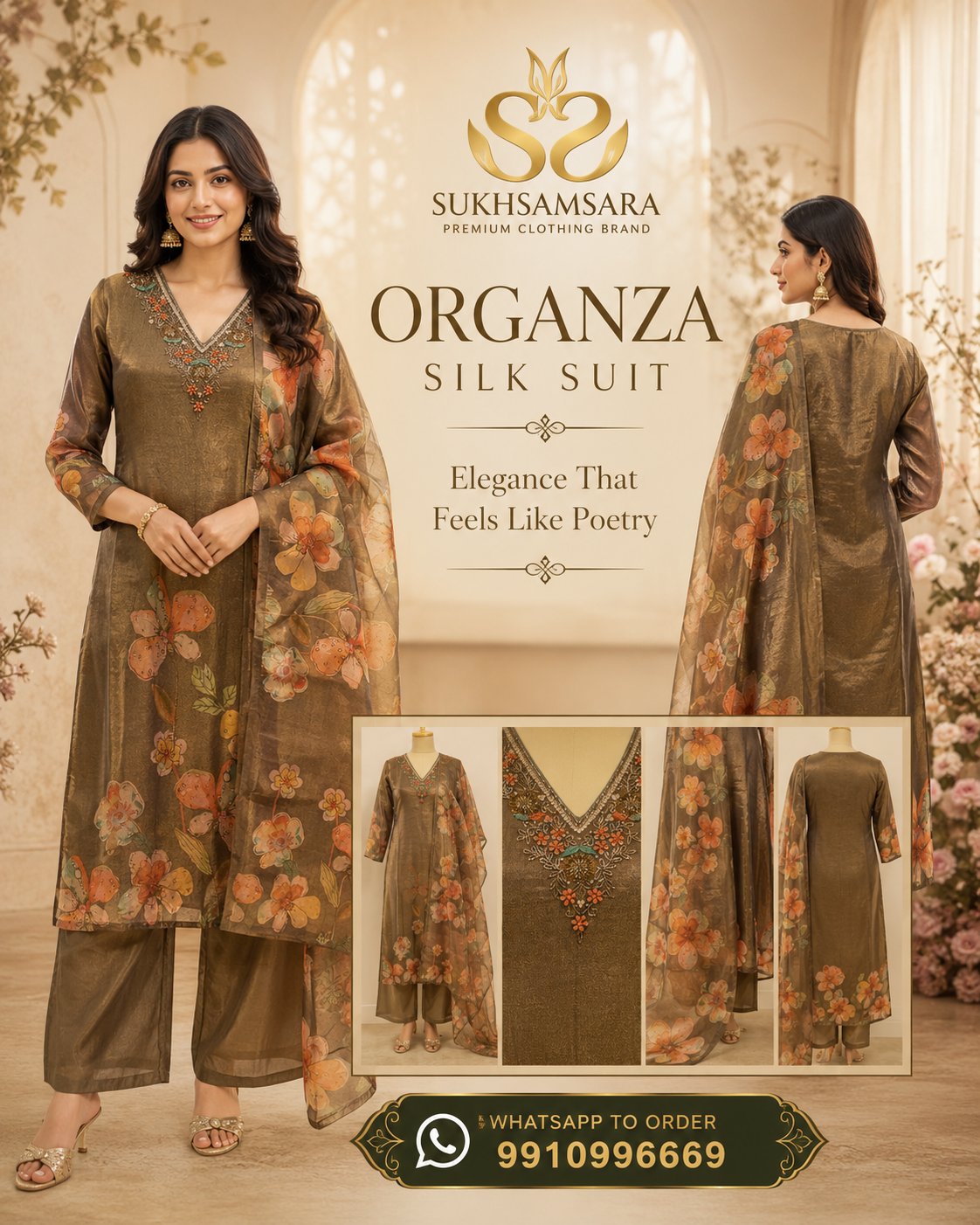 Dark Brown Organza Silk Suit