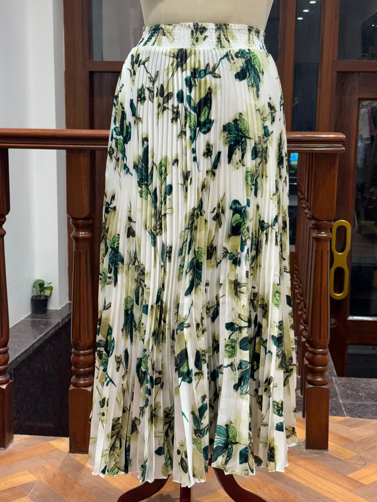 White With Green Leaf Printed Skirt