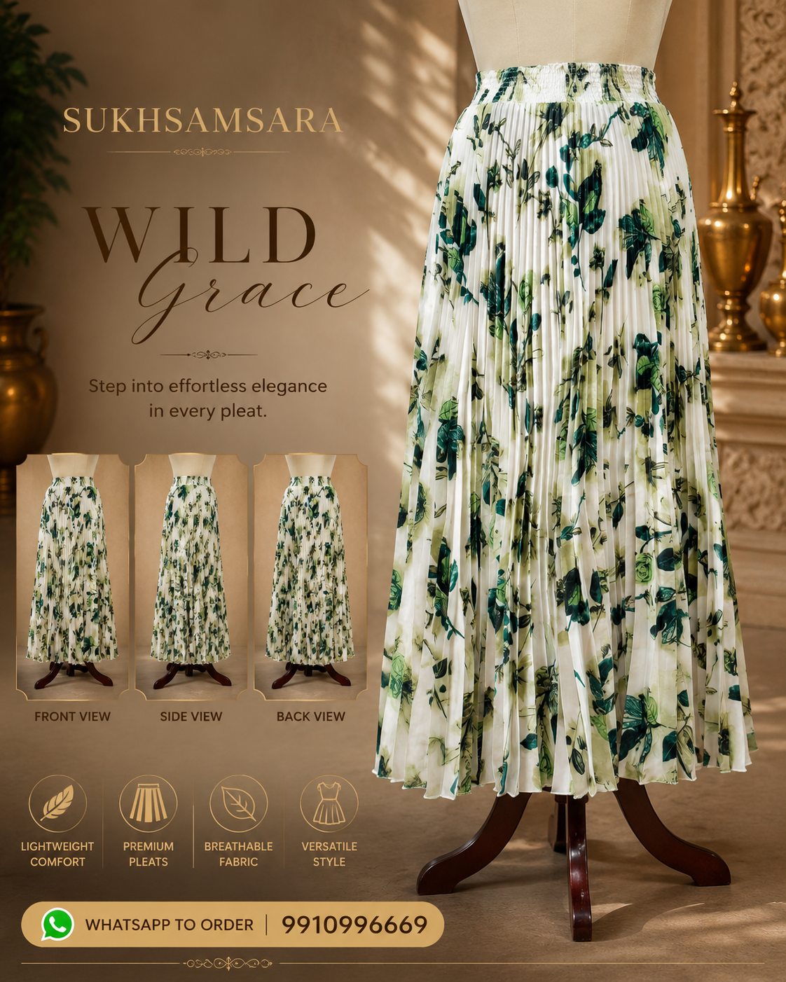 White With Green Leaf Printed Skirt