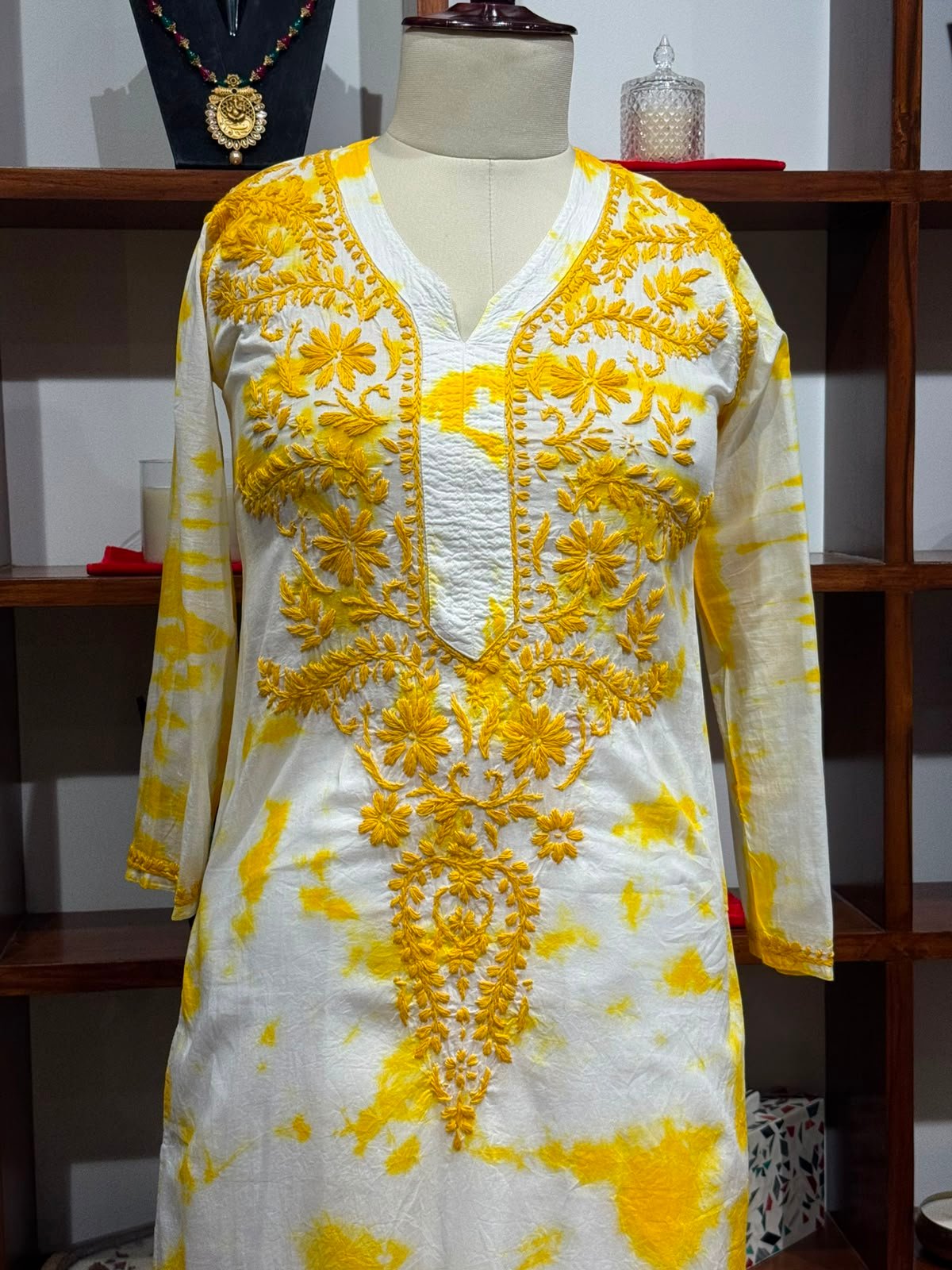 cotton long kurti chikankari  work  tie n dye
