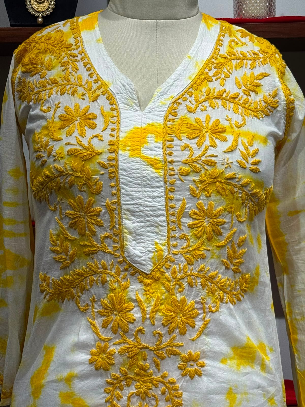 cotton long kurti chikankari  work  tie n dye