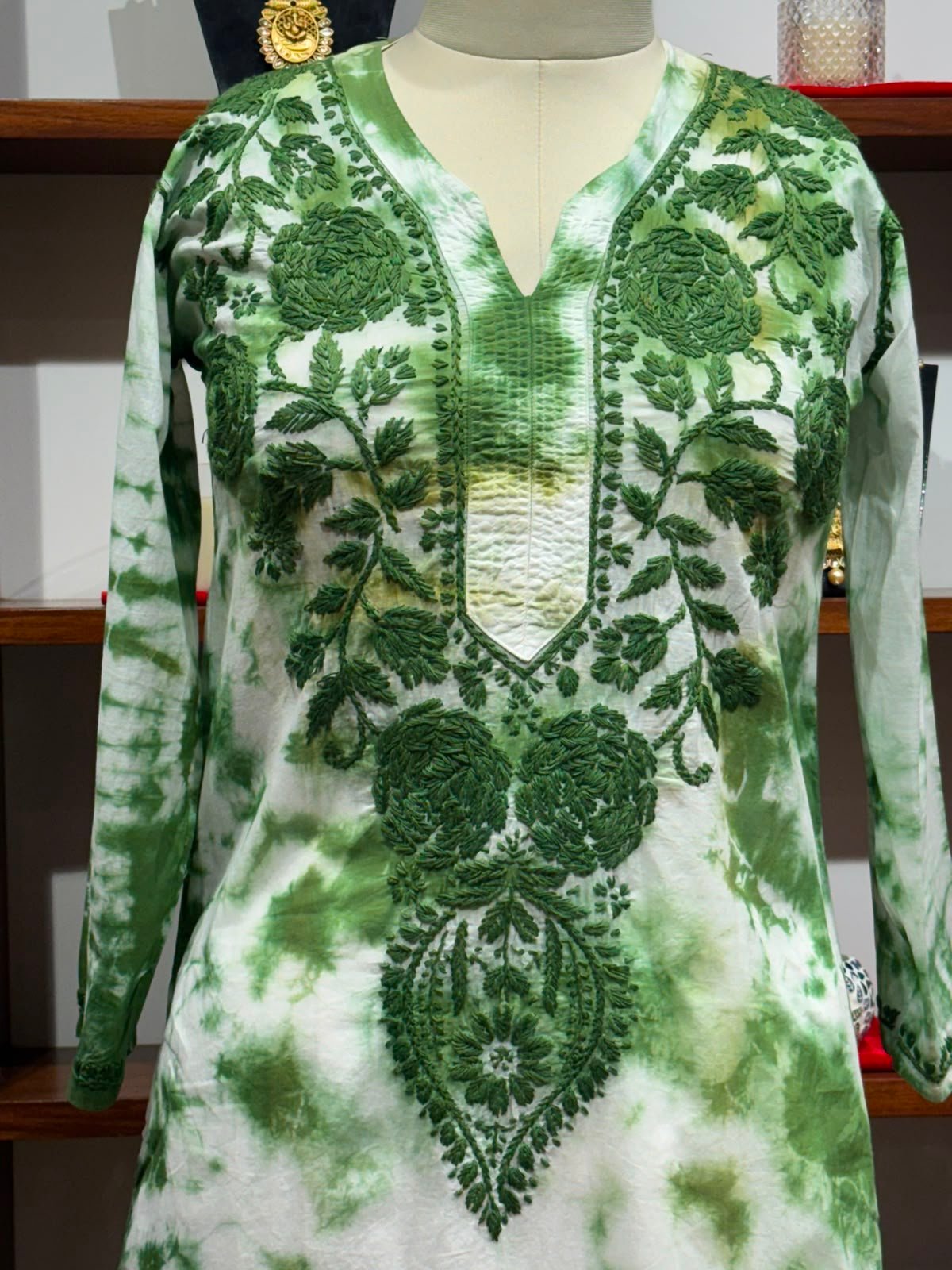 cotton long kurti chikankari   tie & dye