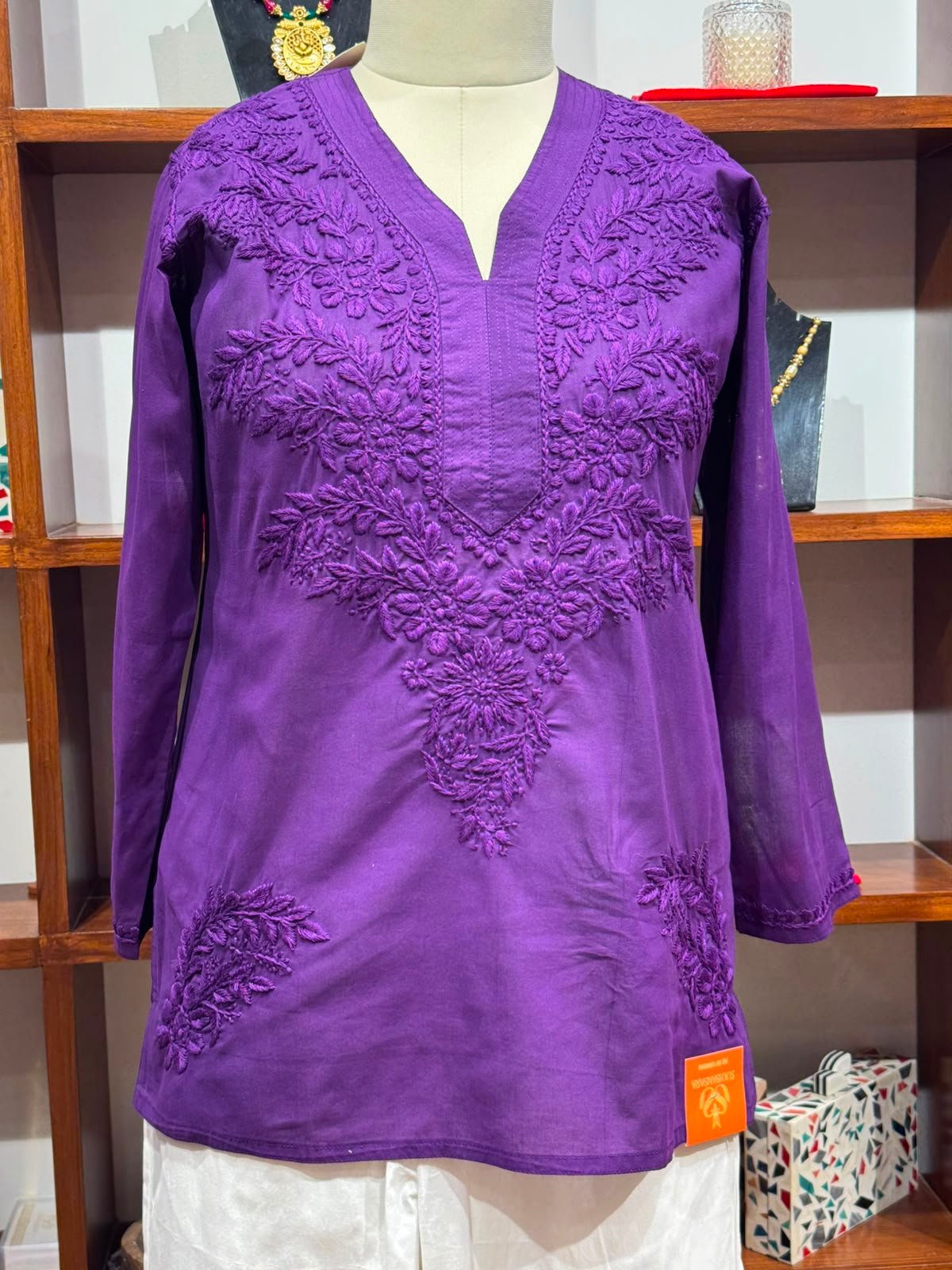 cotton short  kurti chikan kari work