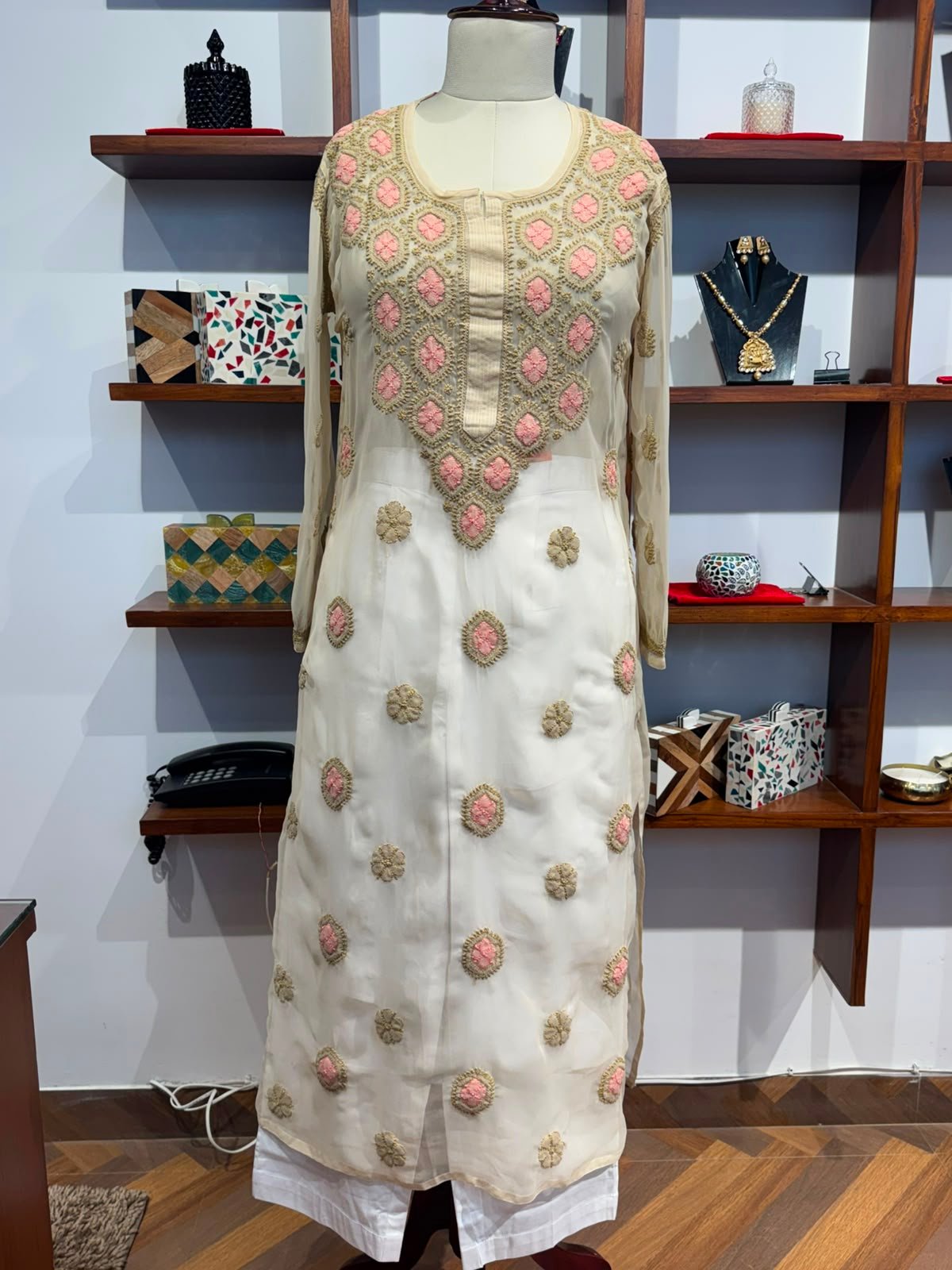 georgette fabric  chikankari full sleeve long  kurti