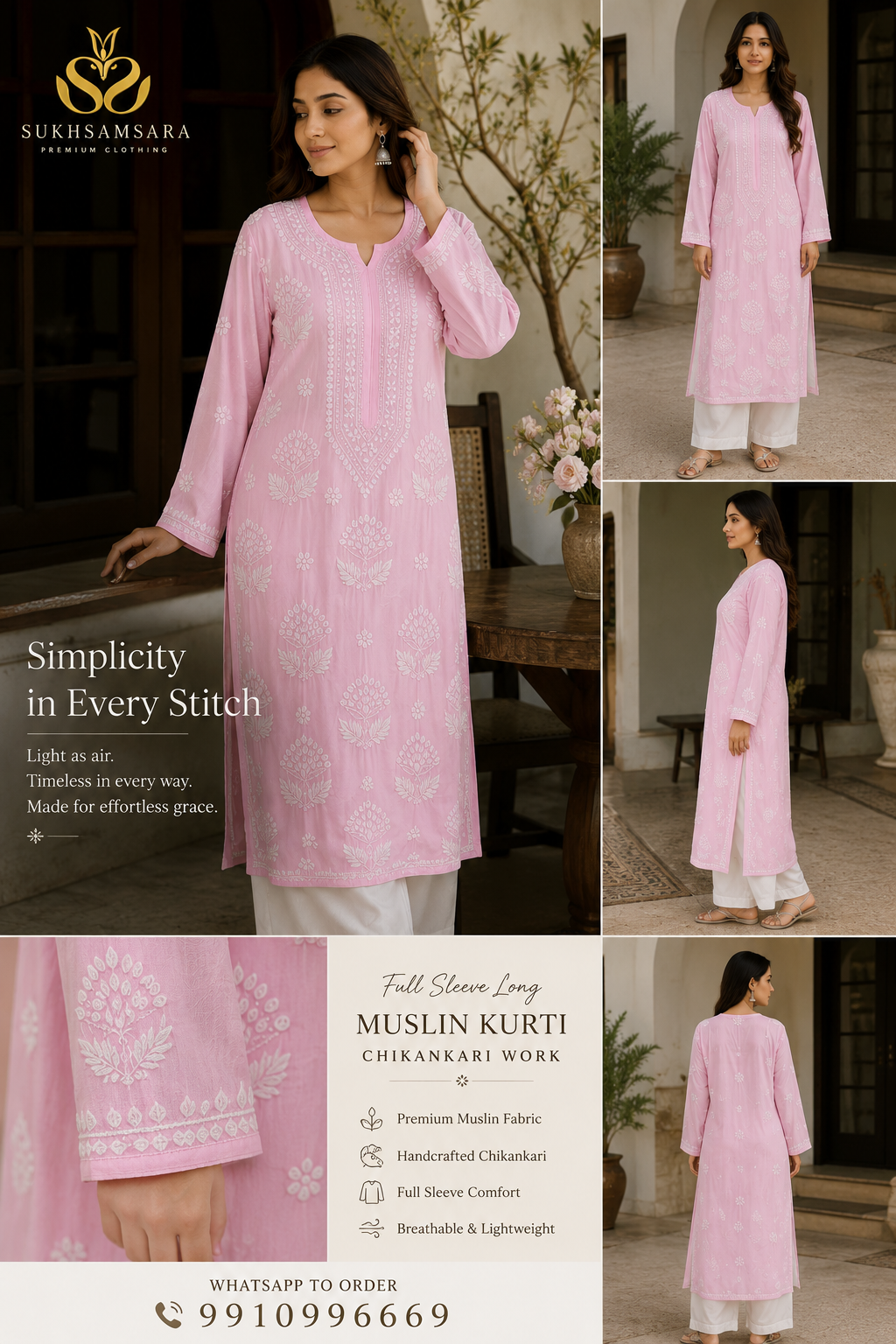 Blush Pink Full Sleeve Chikankari Kurti