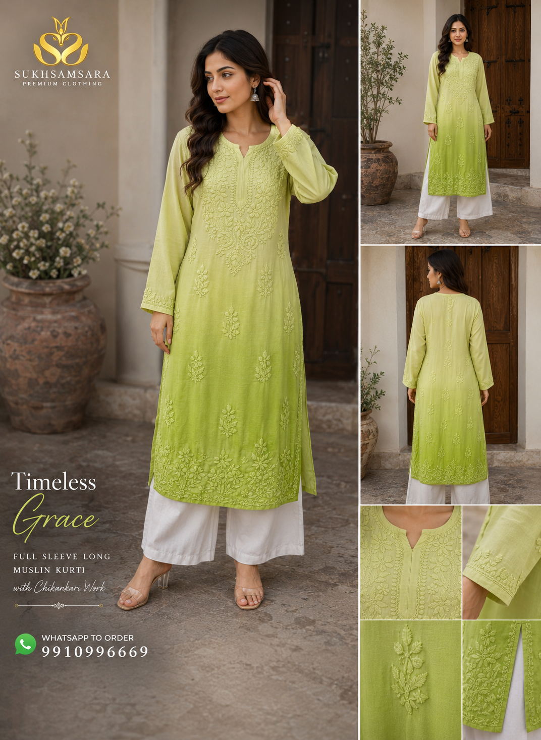 Lime Green Floral Chikankari Kurti