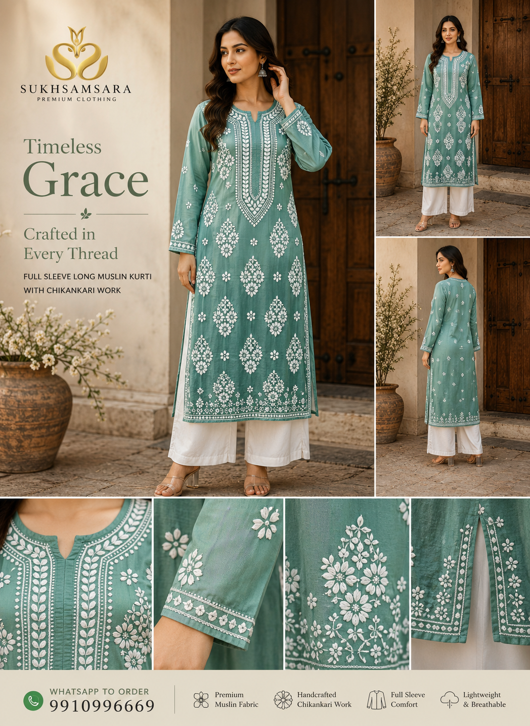 Sage Green Chikankari Kurti