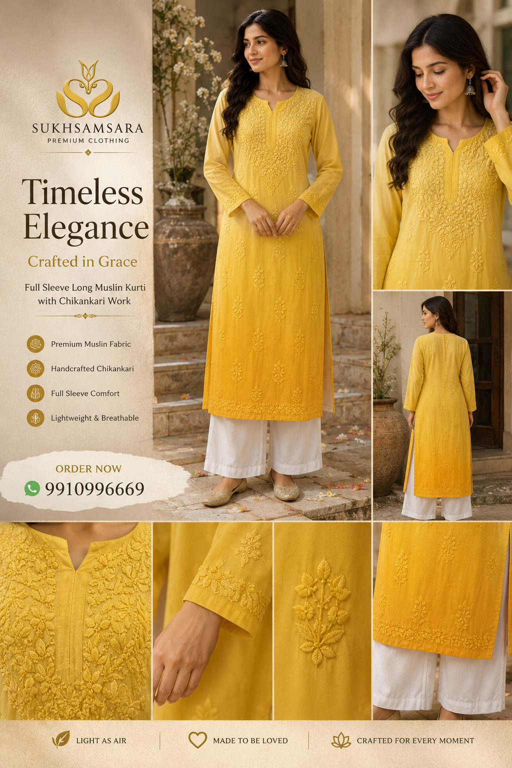 Mustard Yellow Floral Chikankari Kurti