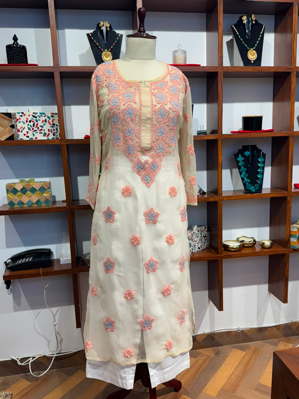 georgette  fabric  chikankari full sleeve long  kurti