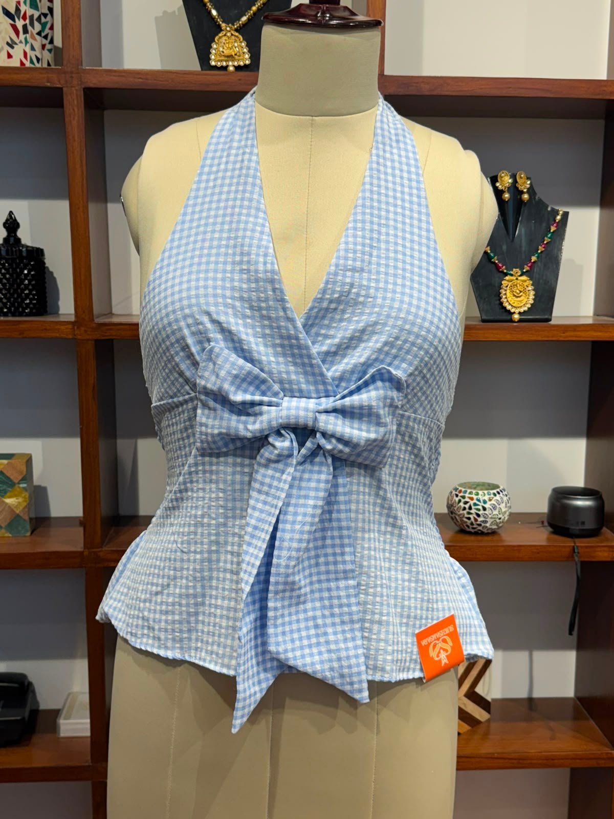 halter  neck crop top fabric cotton blue