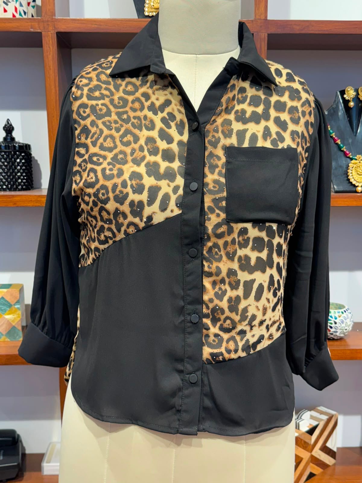 georgette  fabric  shirt black animal print
