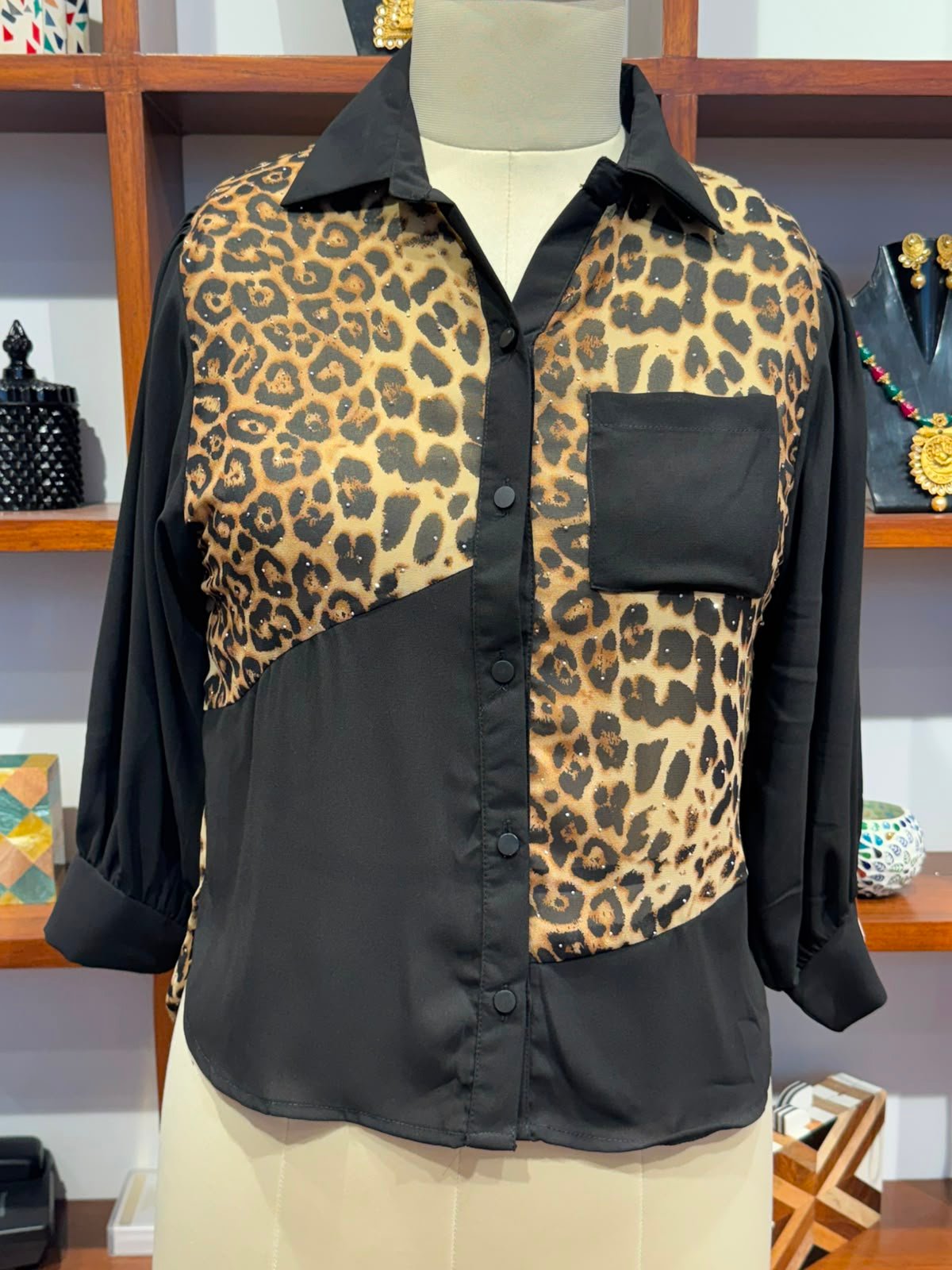 georgette  fabric  shirt black animal print