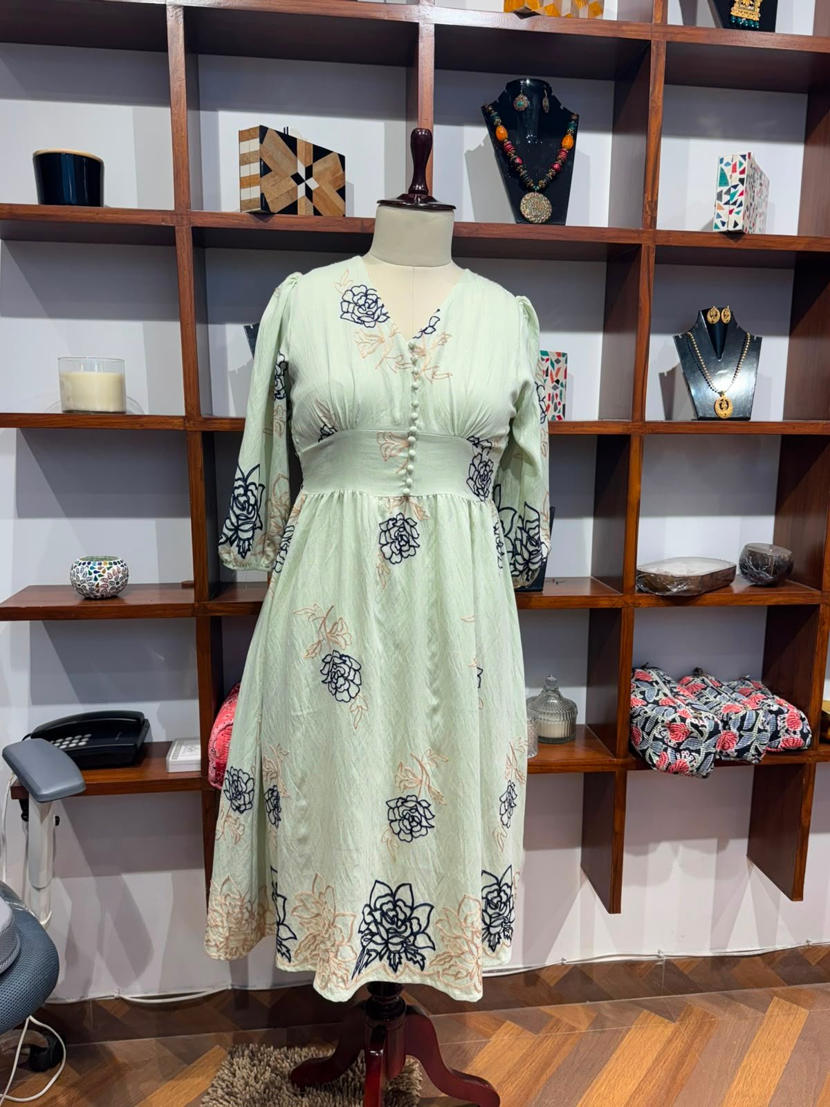 fabric cotton dress green  heavy all over turead embroidery