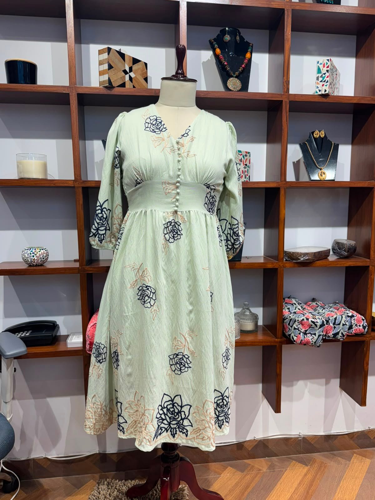 fabric cotton dress green  heavy all over turead embroidery