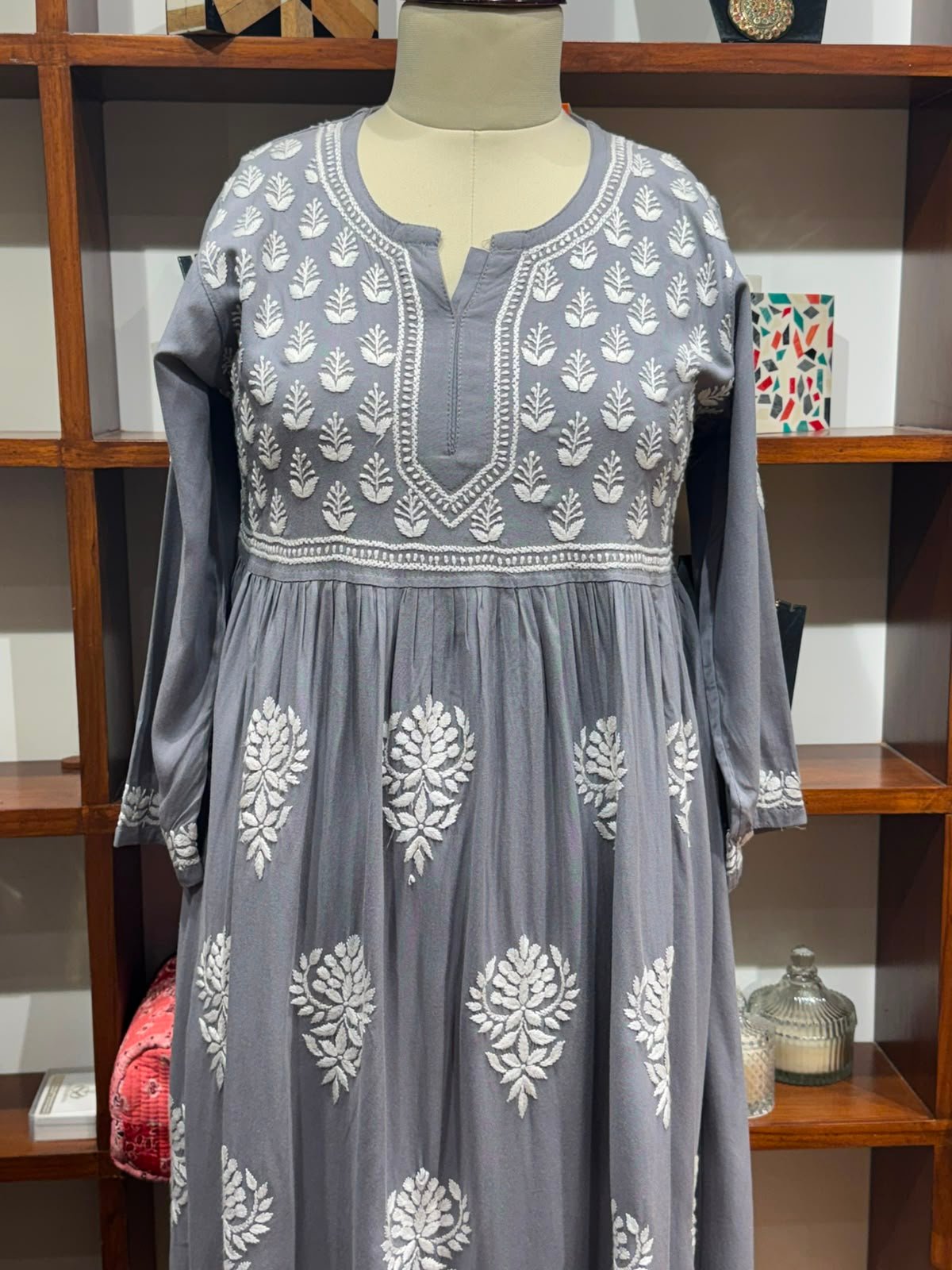 cotton mudal work long kurti  colour gray