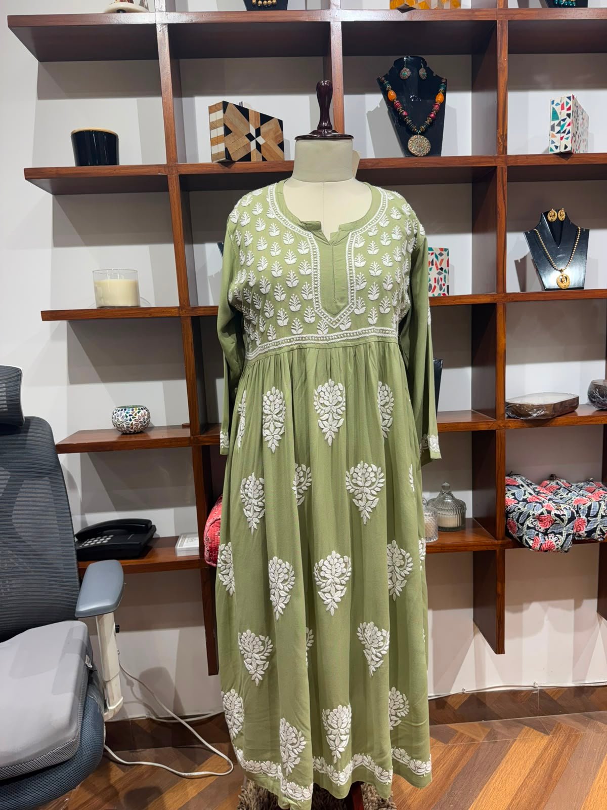 cotton mudal work long kurti  colour  green