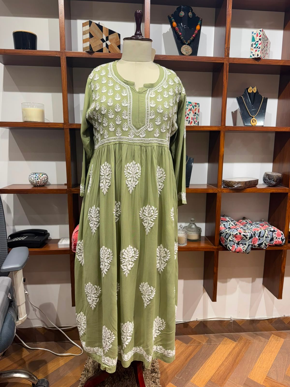 cotton mudal work long kurti  colour  green