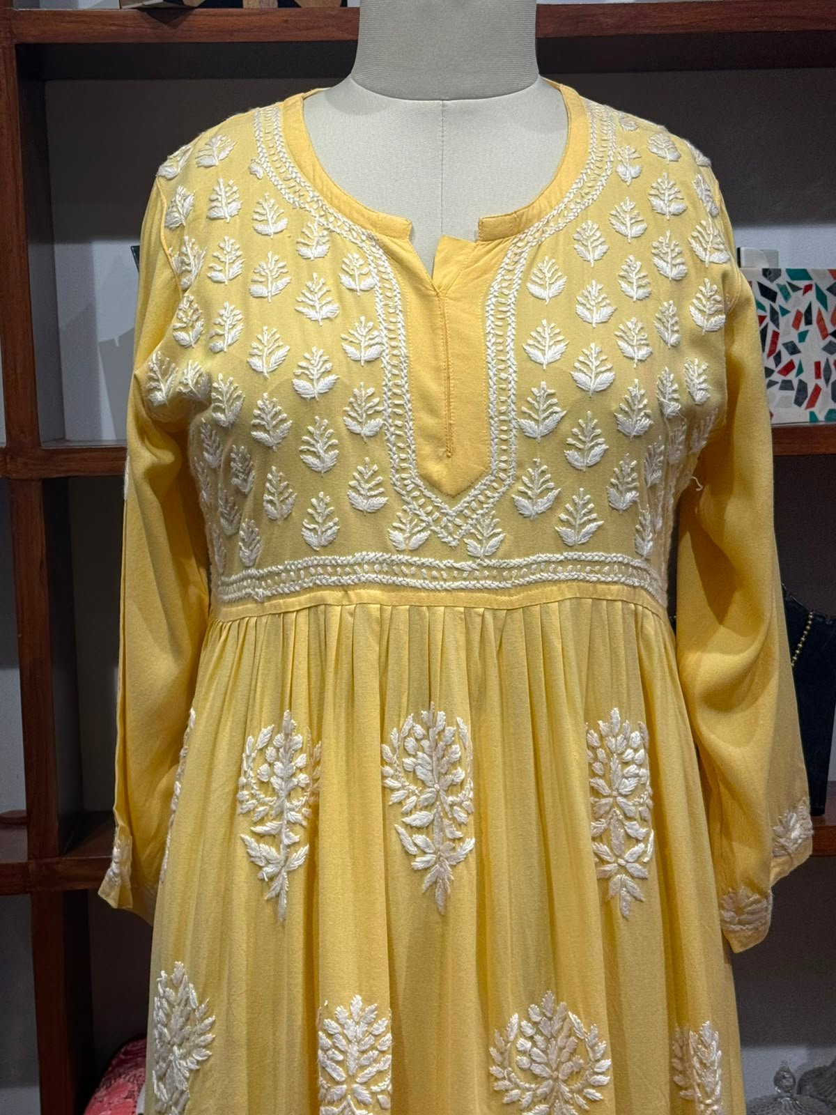 cotton mudal work long kurti colour yellow