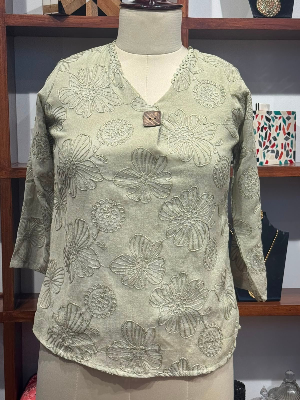 geargette fabric embroidery  top  colour  green