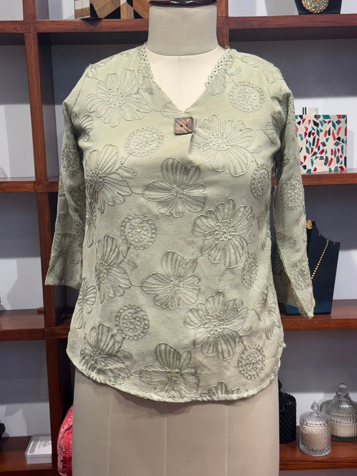 geargette fabric embroidery  top  colour  green