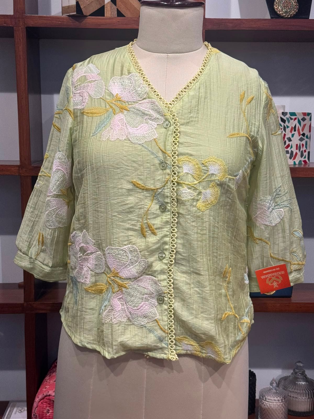 georgette  fabric embroidery top  colour green